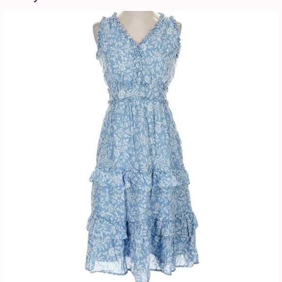 LUCKY BRAND Dress Womens Blue Floral Smocked Bodice Boho Chic Dainty Feminine - Picture 1 of 13